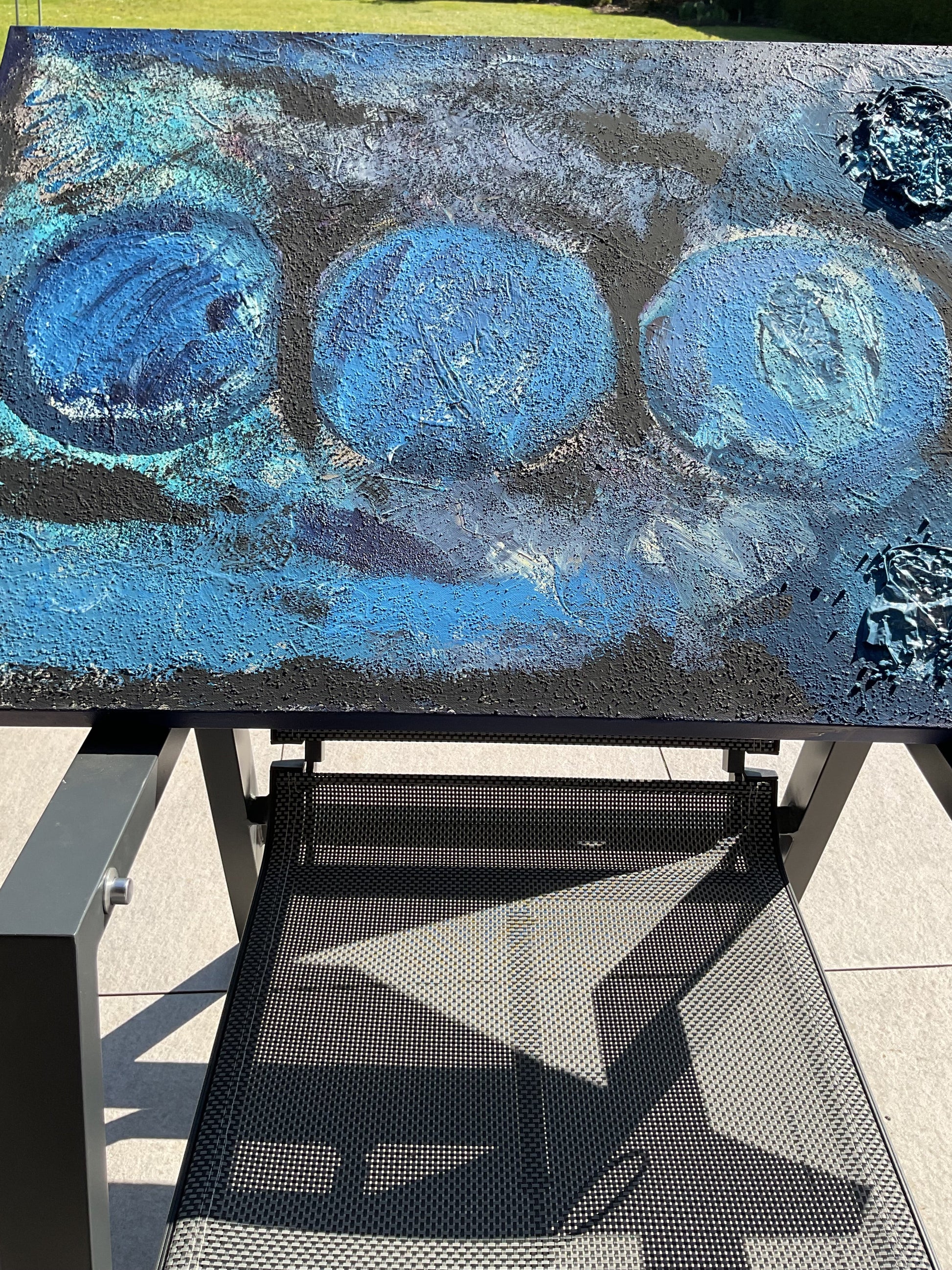 Abstraktes Acrylgemälde "Mondtrilogie in Blue" – drei Kreise in Blautönen, handgemalt, Unikat, signiert | AcrylSeele