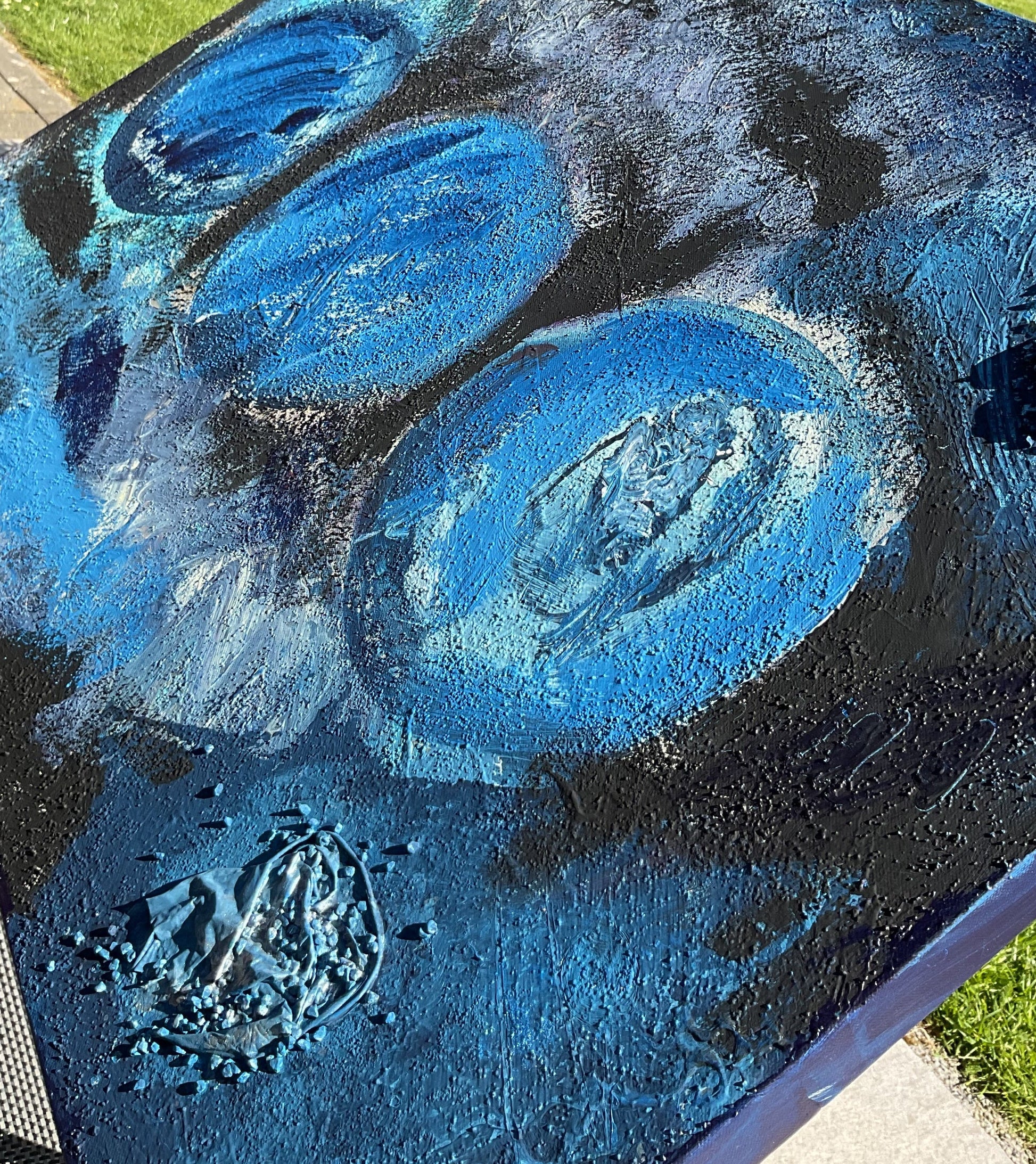 Abstraktes Acrylgemälde "Mondtrilogie in Blue" – drei Kreise in Blautönen, handgemalt, Unikat, signiert | AcrylSeele