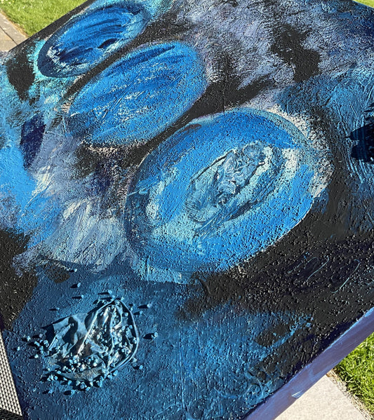 Abstraktes Acrylgemälde "Mondtrilogie in Blue" – drei Kreise in Blautönen, handgemalt, Unikat, signiert | AcrylSeele