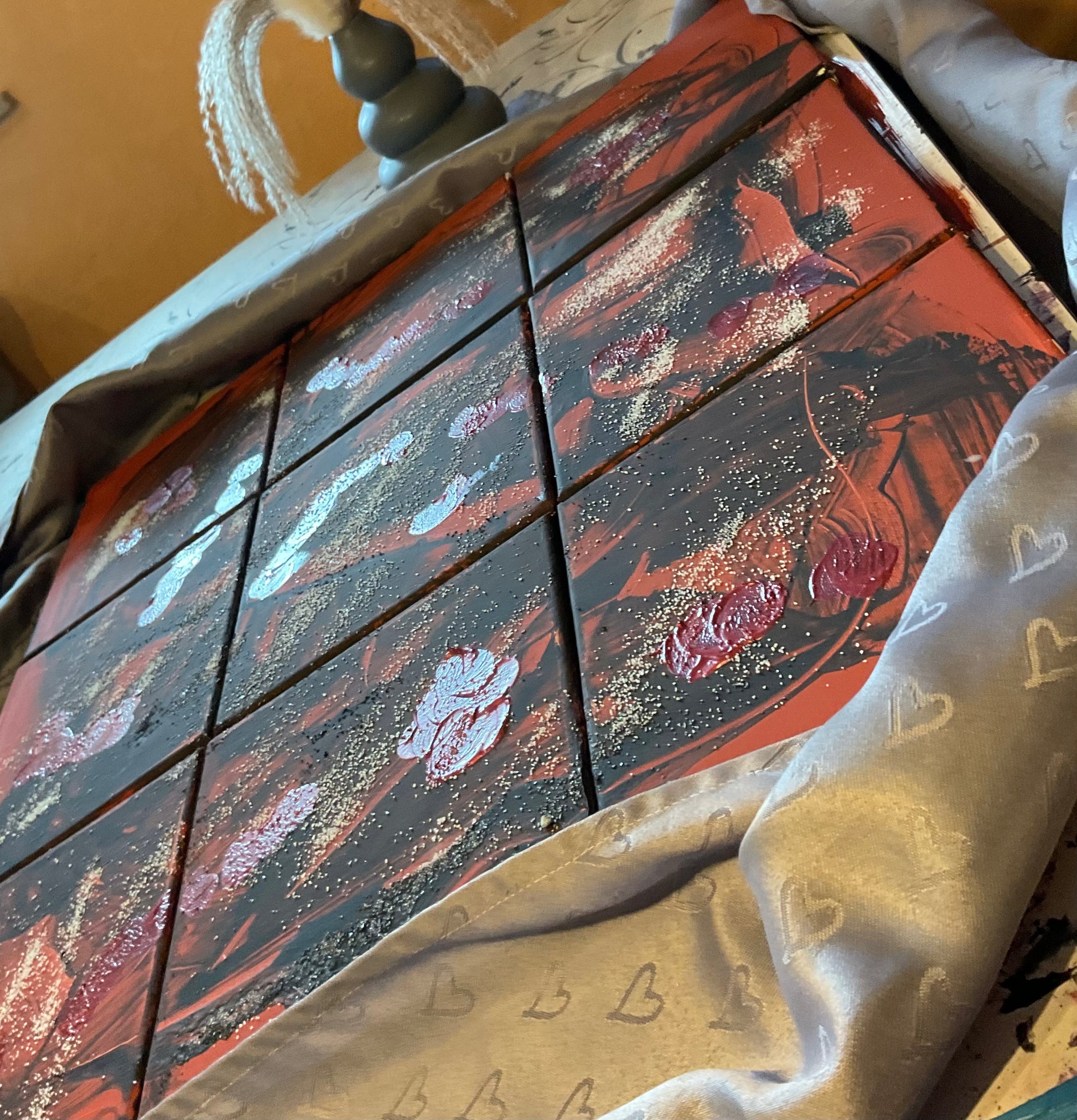 dont worry, be happy – 9-teiliges Acrylgemälde, Draufsicht