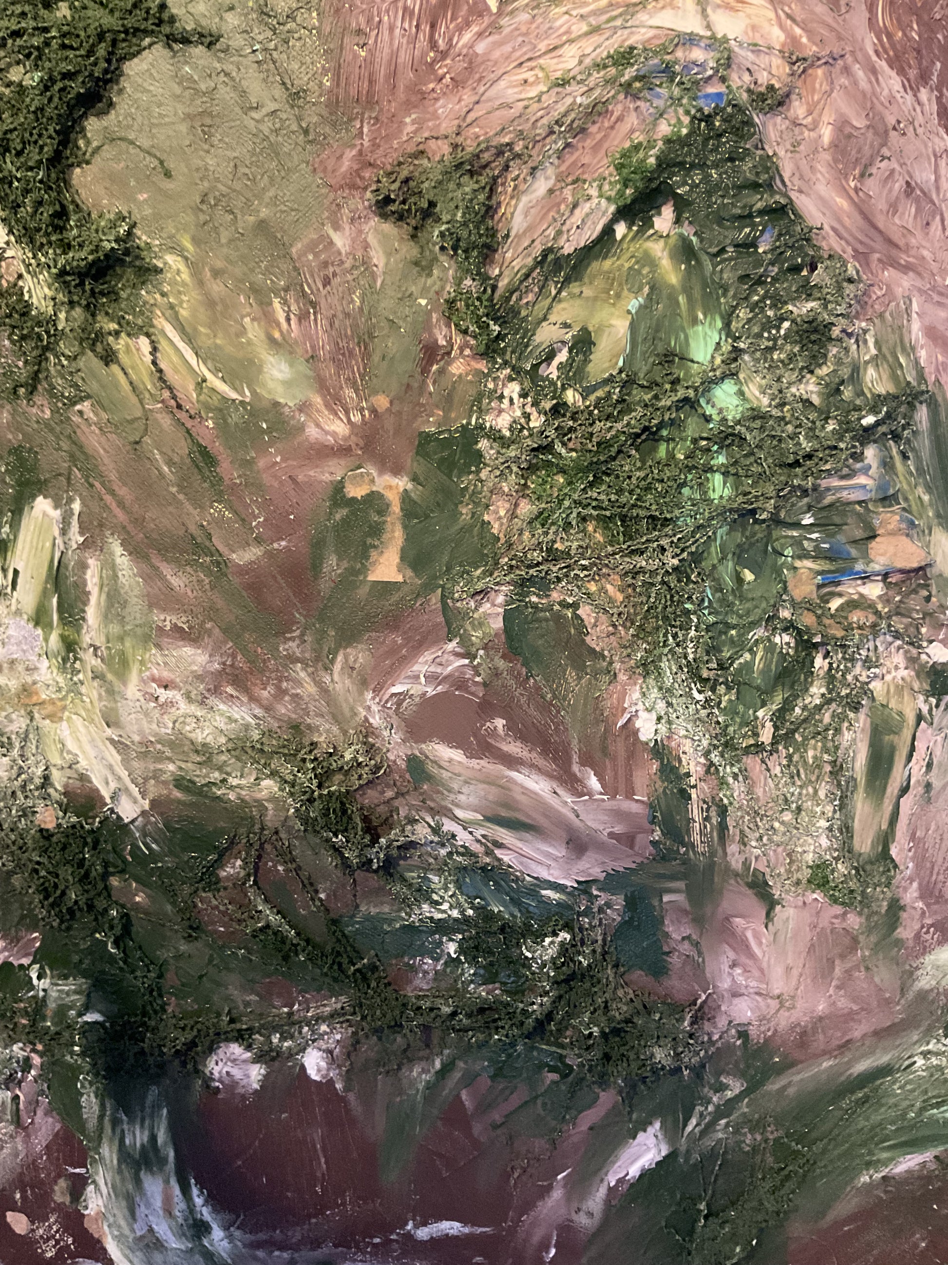 Stiller Wald – Acrylgemälde mit Kunstmoos und Strukturpaste in Grün und Braun, 100x68 cm