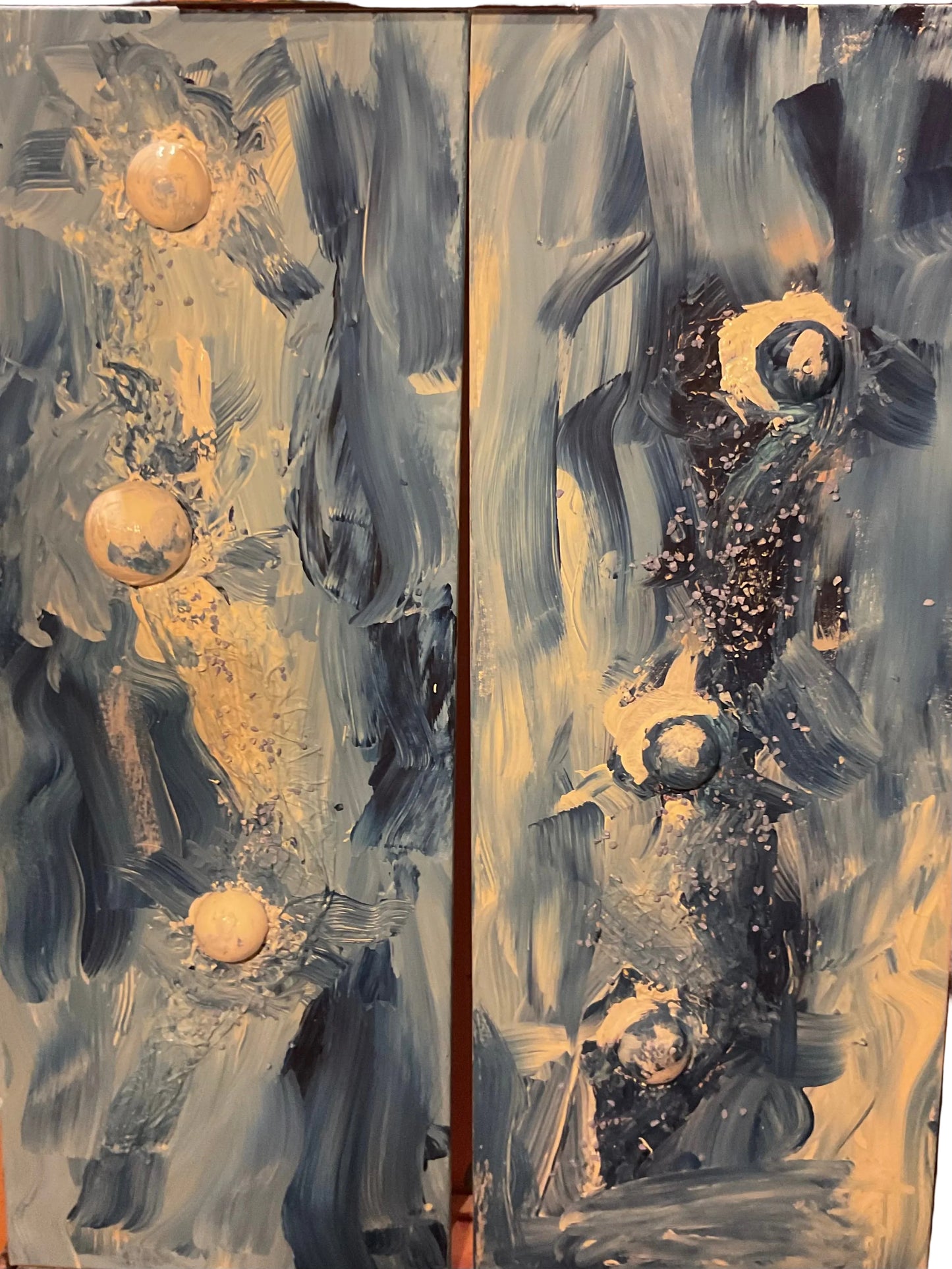 Mondphasen - 2-teiliges Acryl-Diptychon in Blau und Elfenbein